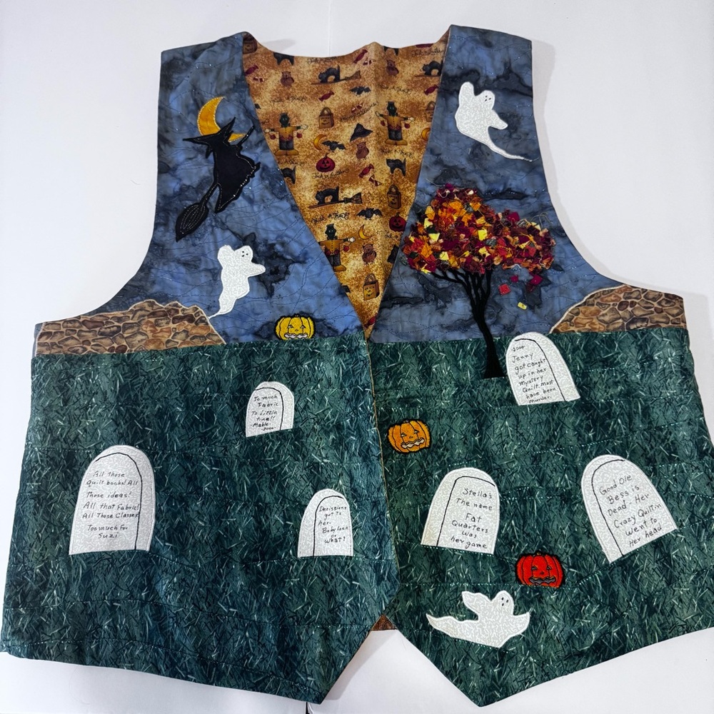 Halloween Spooky Reversible Quilted Vest Homemade Pumpkins Graves Bat READ POST